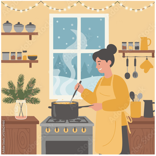 Cooking Comfort Food

Flat vector art of a person cooking soup in a cozy kitchen, steam rising from the pot, 