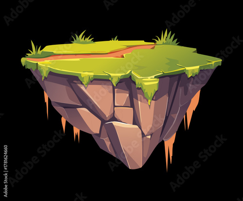 Illustration of a rugged cliffside flying island with layered gray rock texture and patches of green grass and moss hanging over the edge