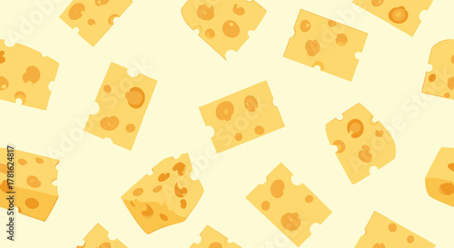 A vibrant and appetizing seamless pattern showcases numerous yellow cheese slices and blocks with distinctive holes on a pale yellow backdrop.