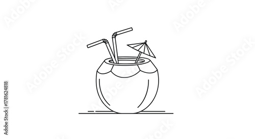A refreshing tropical coconut drink served with two bent straws and a decorative umbrella, presented in a simple line art style.