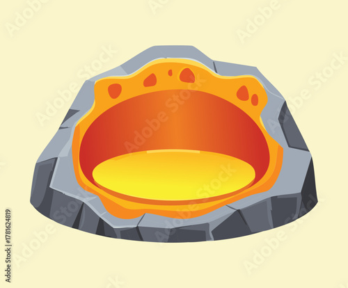 Illustration of a glowing yellow-orange hot molten lava pool inside a cracked brown rock cave, volcanic pit game asset design