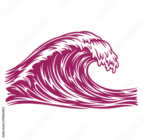 Elegant illustration of a curling ocean wave in a stylized purple and white design for art and decor