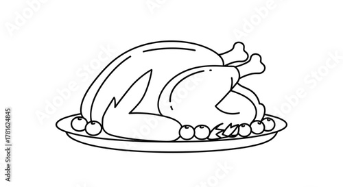 A delicious roasted turkey, garnished with berries and herbs on a festive platter, symbolizing holiday feasts and family gatherings.