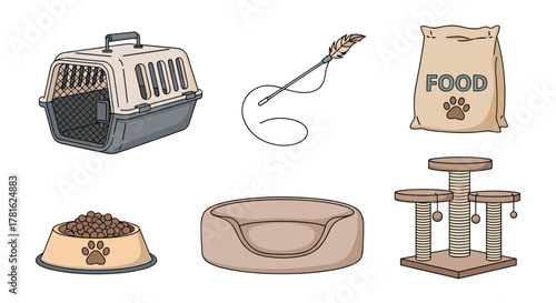 A diverse set of pet supplies for cats and dogs, featuring a carrier, food, scratching post, bed, and a playful feather wand.
