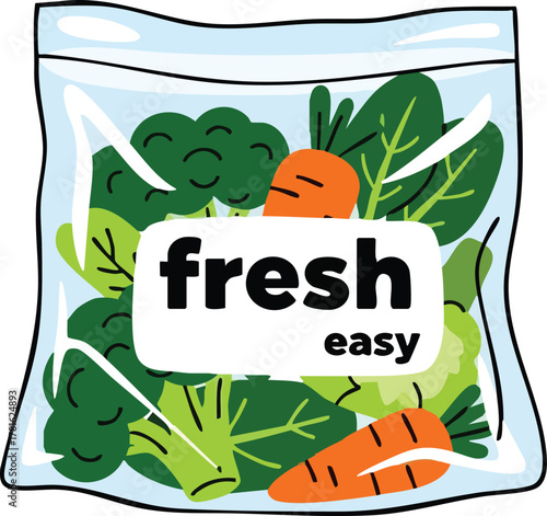 Clear plastic bag filled with fresh broccoli spinach and carrots labeled fresh easy