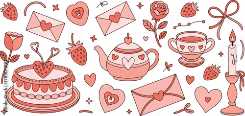 Hand drawn Valentine’s Day illustration collection with hearts, love letters, cake, tea set, candles, strawberries, roses, and romantic elements