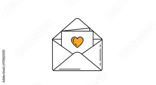A simple line art illustration of an open envelope containing a card with a warm yellow heart, perfect for expressing love and connection.