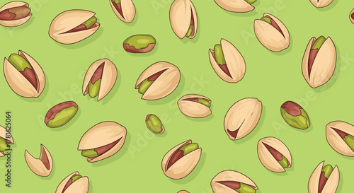 A seamless pattern of delicious pistachios, with some shelled nuts and some in open shells, scattered on a fresh green background.
