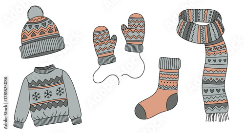 Cozy hand-drawn vector illustration of knitted winter clothing and accessories set with fair isle patterns including hat, sweater, mittens, scarf, and sock.