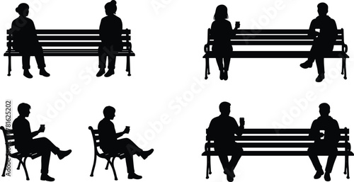 People, bench, silhouette, conversation, interaction, social, park, public, relax, sit, talk, gesture, black, icon, illustration, pair, posture, minimal, scene, communication