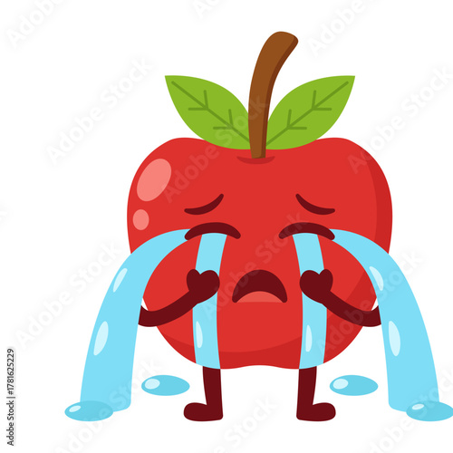 Crying Apple Cartoon Character with Waterfalls of Tears Flat Illustration