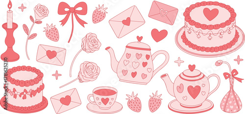 Hand drawn Valentine’s Day illustration collection with hearts, love letters, cake, tea set, candles, strawberries, roses, and romantic elements