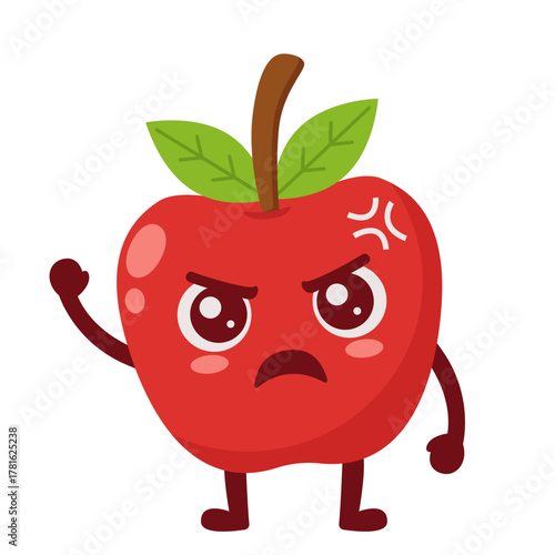 Angry Apple Cartoon Character Raising Hand Flat Illustration