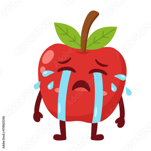 Crying Apple Cartoon Character with Tears Flat Illustration