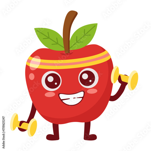 Apple Character Lifting Weights Flat Illustration