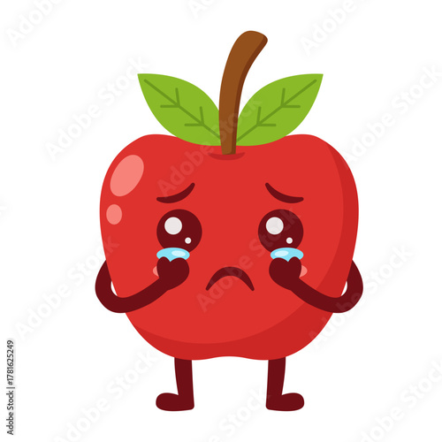 Crying Apple Cartoon Character with Tears Flat Illustration