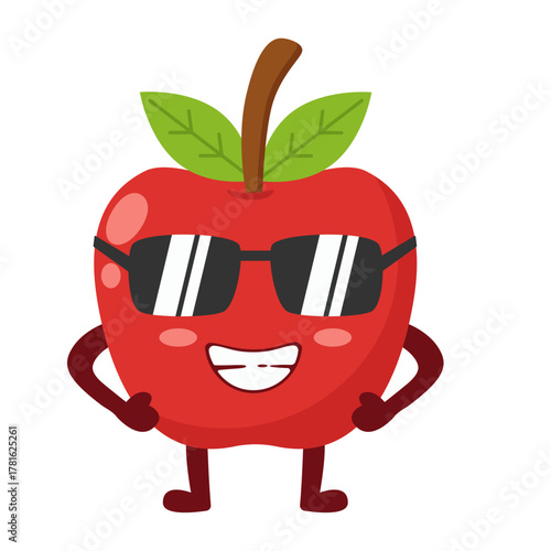 Cartoon Apple Character Wearing Sunglasses Flat Illustration