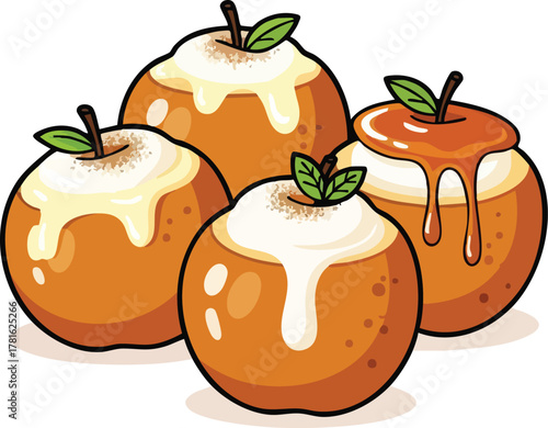 Four Sweet Baked Apples Topped With Creamy Frosting and Caramel Sauce