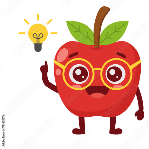 Smart Apple Character with Idea Light Bulb Flat Illustration