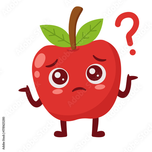 Confused Apple Character Shrugging with Question Mark Flat Illustration