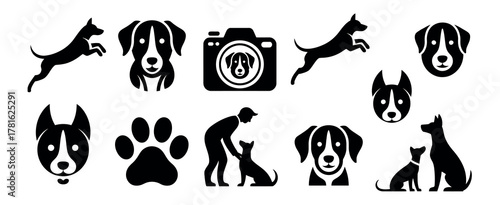 Black Dog Silhouettes.  Including Jumping Dogs, Paw Prints, and People Walking with Pets.