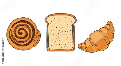 An assortment of popular breakfast pastries and baked goods including a cinnamon roll, a slice of bread, and a croissant.