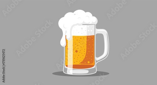 A refreshing glass mug filled with golden lager beer, topped with a thick, frothy head and spilling over the sides.