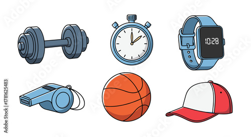 A collection of essential sports and fitness equipment, including a dumbbell, stopwatch, basketball, whistle, smartwatch, and cap.
