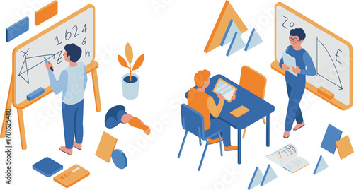 Isometric illustration of modern classroom with students studying mathematics, teacher teaching geometry on board, educational learning environment with school materials