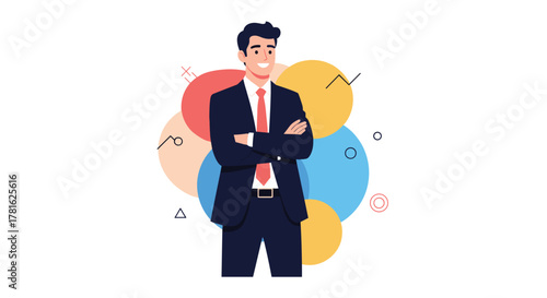 A professional and confident businessman in a suit with folded arms smiles against a vibrant backdrop of colorful abstract geometric shapes.
