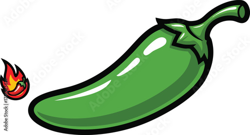 Green Jalapeno Pepper with Small Flame Icon on White Background