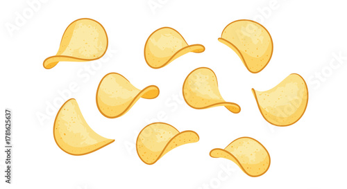 Numerous yellow potato chips with a crispy texture, randomly arranged and isolated on a clean white background, perfect for snack themes.