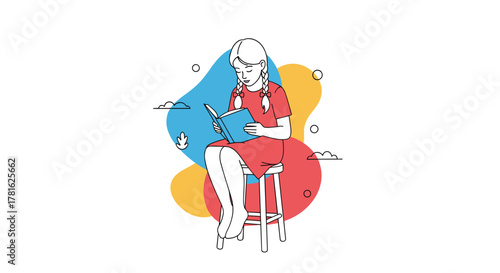 Little girl in a red dress sits on a stool, engrossed in reading a book against a background of colorful abstract shapes.