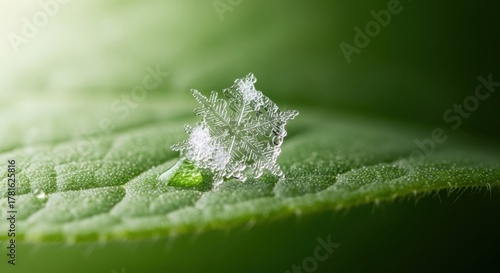 Delicate snowflake resting on a vibrant green leaf with water droplets in macro view