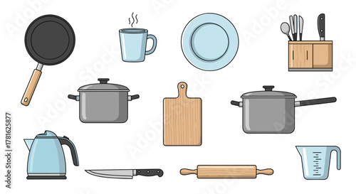 A comprehensive collection of various essential kitchen utensils and cooking equipment for everyday culinary tasks.