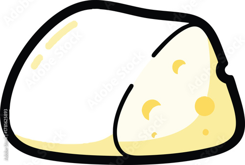 Simple cartoon illustration of a white cheese block with yellow holes and a thick black outline isolated on a white background