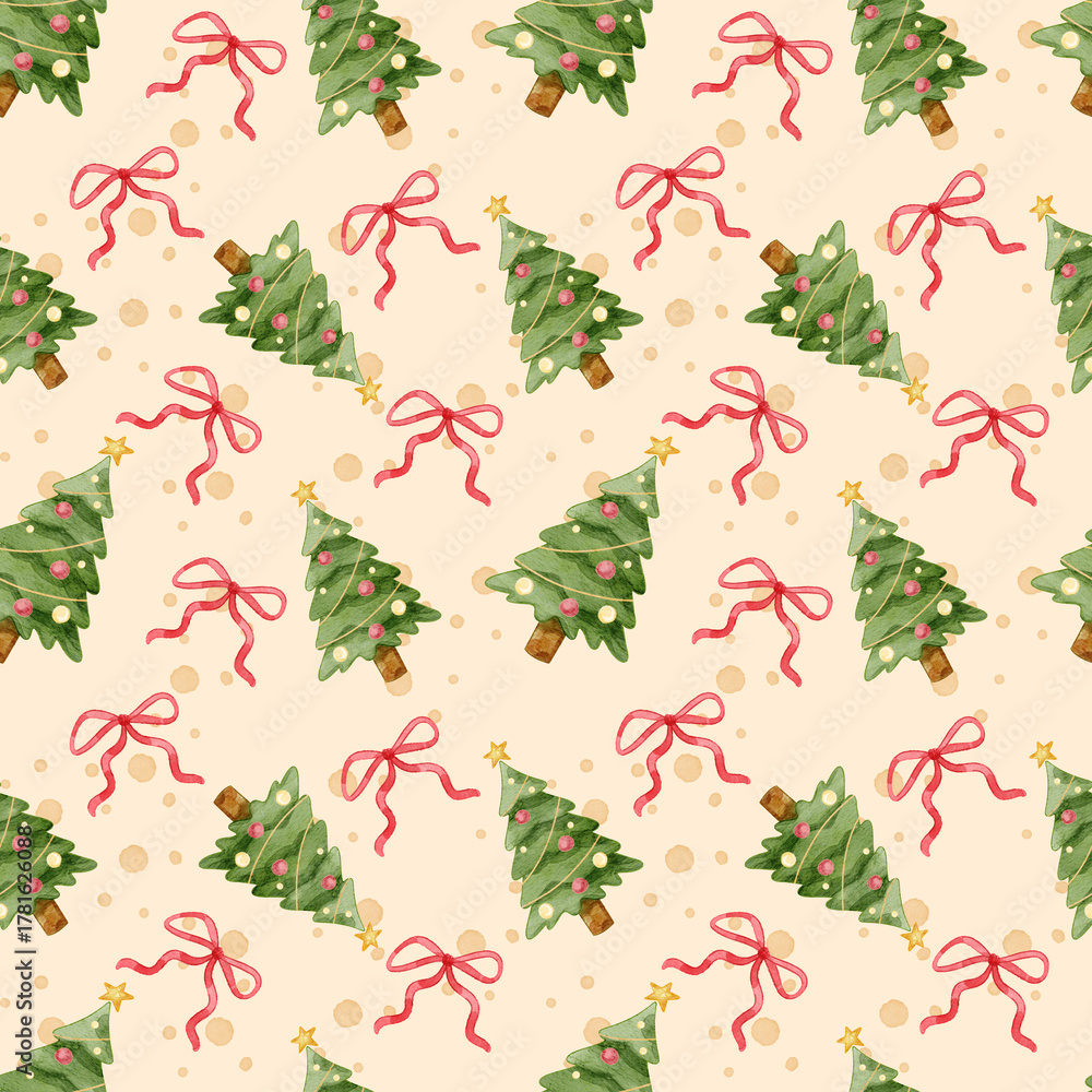 Fototapeta premium Seamless pattern with watercolor Christmas tree and red ribbon. Suitable for print, textile, background.