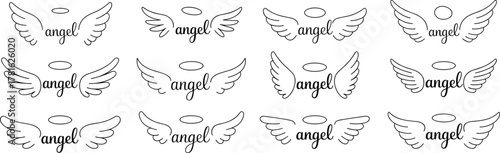 Minimalist angel wings and halo line art design collection featuring elegant handwritten typography, divine spiritual symbols,