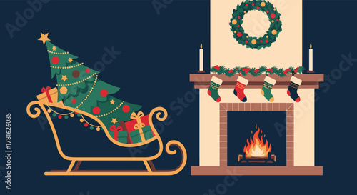 A festive scene featuring a decorated Christmas tree in a sleigh with gifts next to a cozy fireplace adorned with stockings and a wreath.