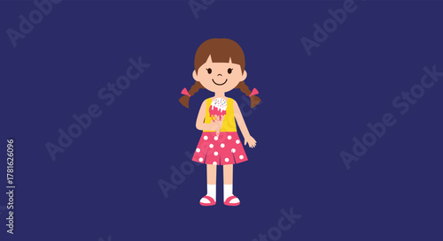 A cheerful young cartoon girl with braided pigtails smiles while holding a sweet ice cream cone against a simple blue backdrop.