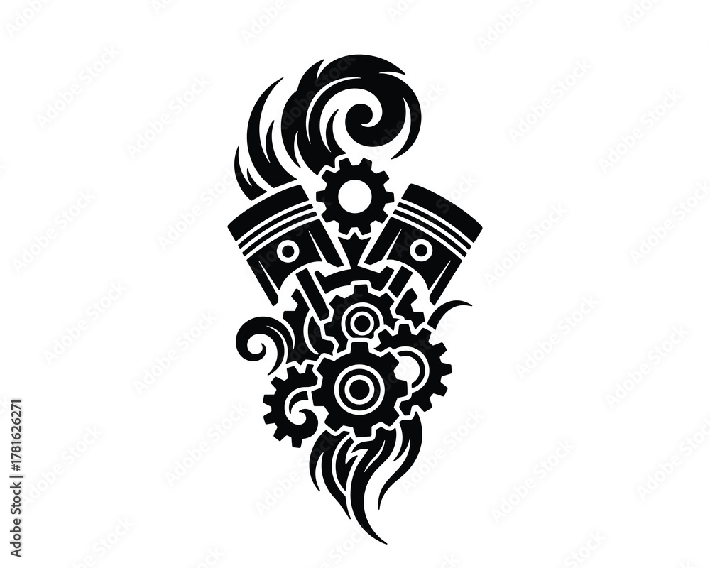 Obraz premium A mechanical tribal tattoo design featuring engine pistons and gears surrounded by swirling flames