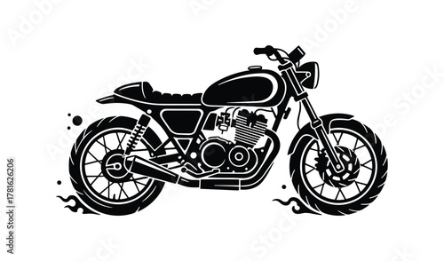 A black silhouette illustration of a classic cafe racer motorcycle with subtle flame details
