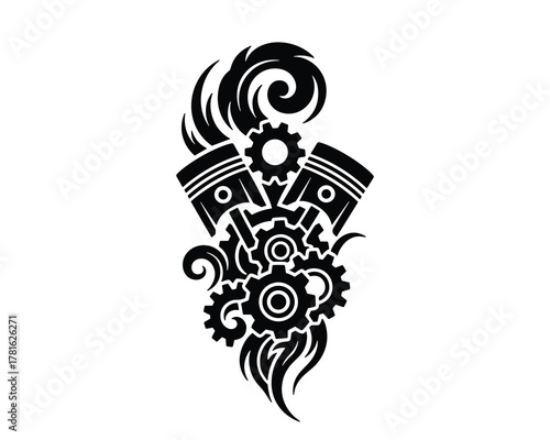 A mechanical tribal tattoo design featuring engine pistons and gears surrounded by swirling flames
