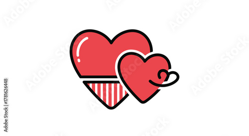 Two charming red hearts, one large with a striped base and a smaller heart adorned with a decorative swirl, representing love and connection.