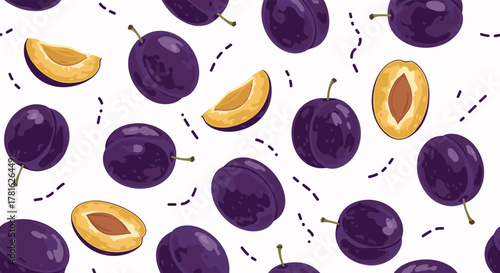 Seamless pattern of fresh purple plums, both whole and sliced, with visible pits, scattered across a white background.