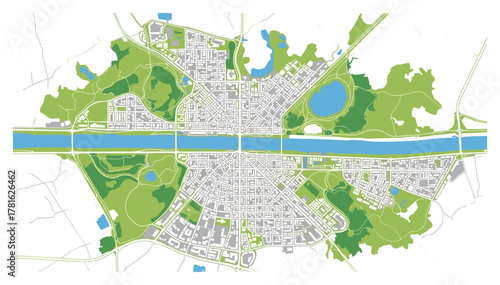 Abstract city map with green parks and blue rivers showing urban planning and infrastructure layout