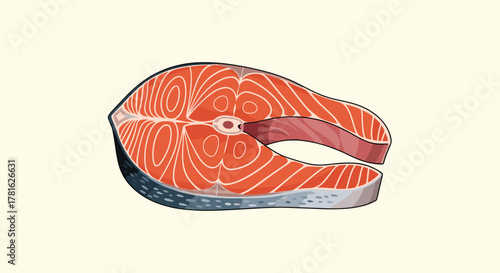 A fresh, raw salmon steak with vibrant orange flesh and distinctive white marbling, highlighting its healthy omega-3 rich qualities.