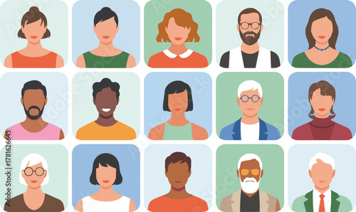Modern flat design avatar collection featuring diverse people illustrations, faceless portraits, professional profile icons, colorful cartoon character design set