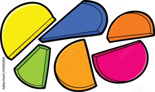 Colorful geometric shapes scattered on a white background with vibrant yellow blue orange green and pink hues