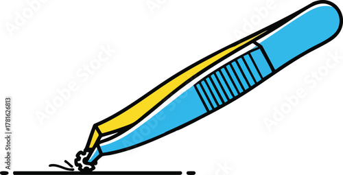 Cyan Blue And Yellow Tweezers Tool Gripping A Black Line With Tiny White Sparks And Small Debris On White Background